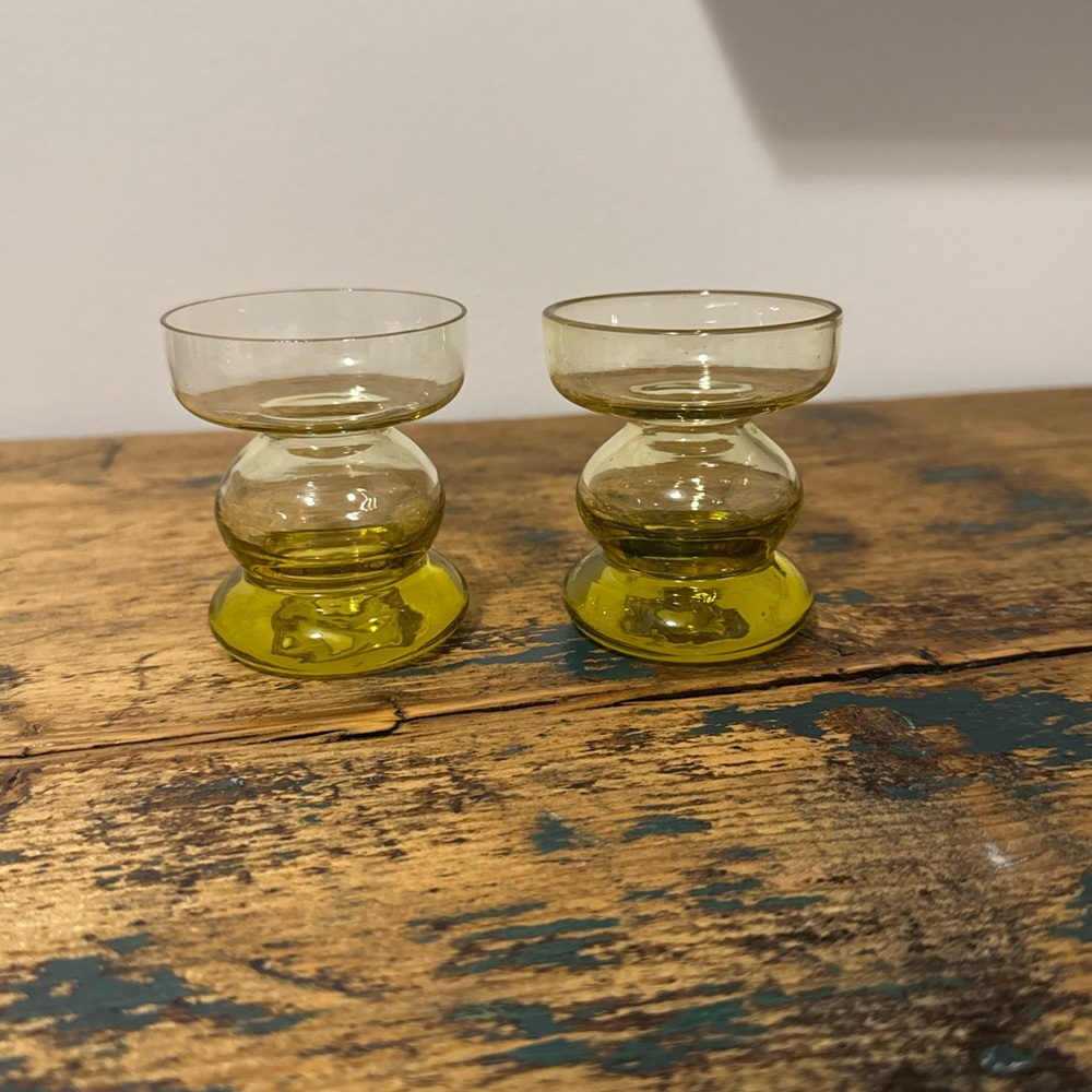 Set of Two Yellow Glass Candle Holders